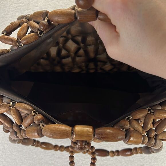 Vintage Wood Beaded Purse Handbag Lined MCM Hippie Floral Boho - Picture 5 of 9